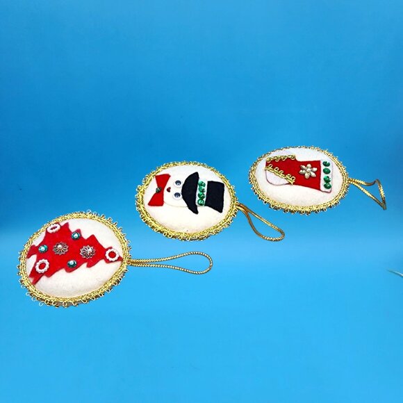 Vintage Felt Christmas Ornaments Set • Snowman w/ Googly Eyes • Beaded Tree • Se - Picture 11 of 11